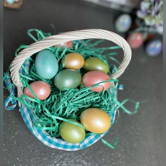 10” Basket Oval White w/ Handle Blue Gingham Liner Yellow RicRac Trim EPC - Picture 5 of 10
